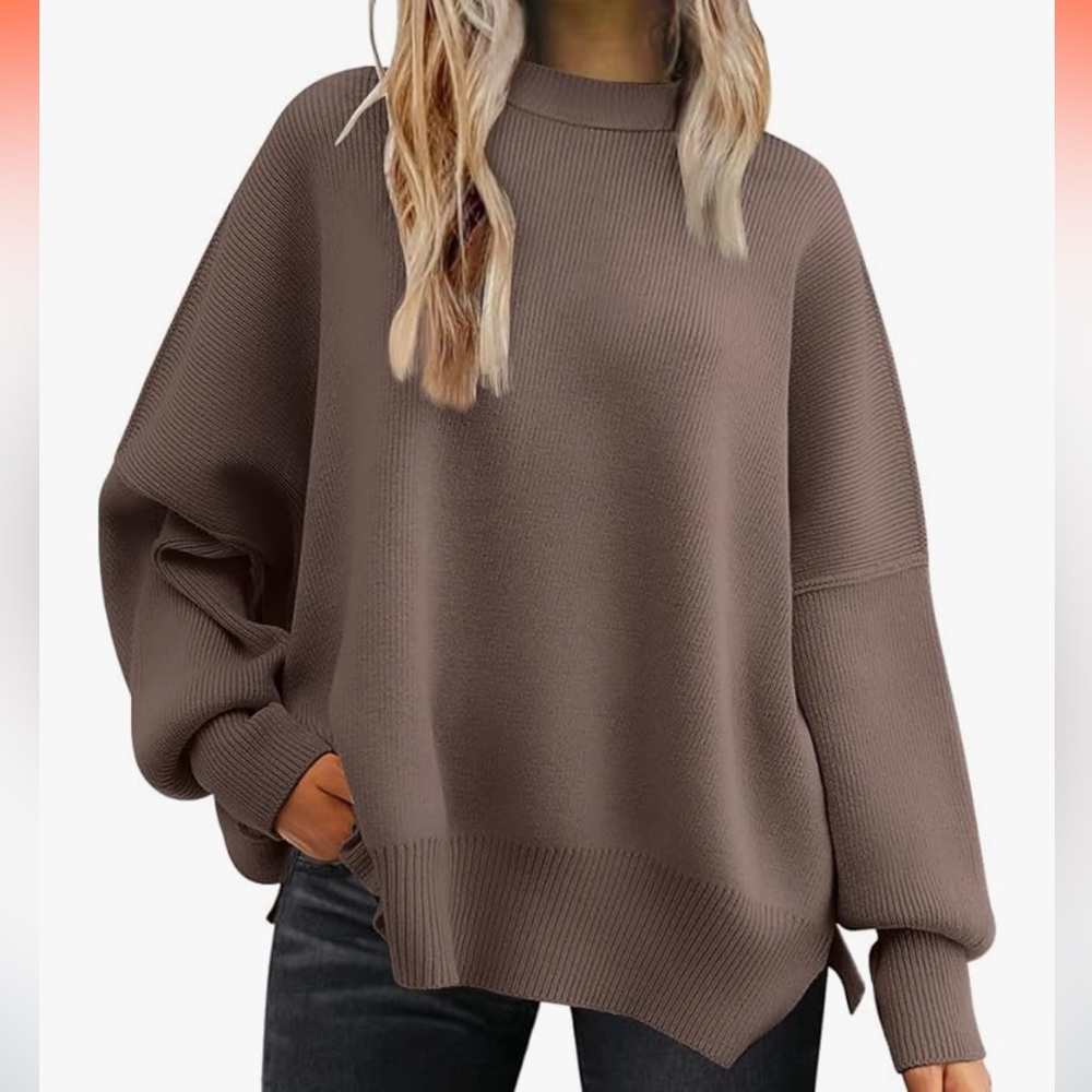LILLUSORY Women's Oversized Batwing Crewneck Sweater Knit Side Slit